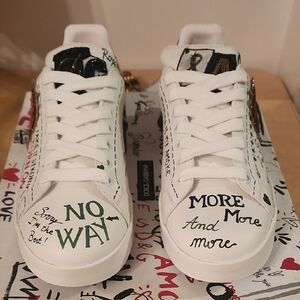 Dolce & Gabbana White Athletic Shoes with Black and Green Accents